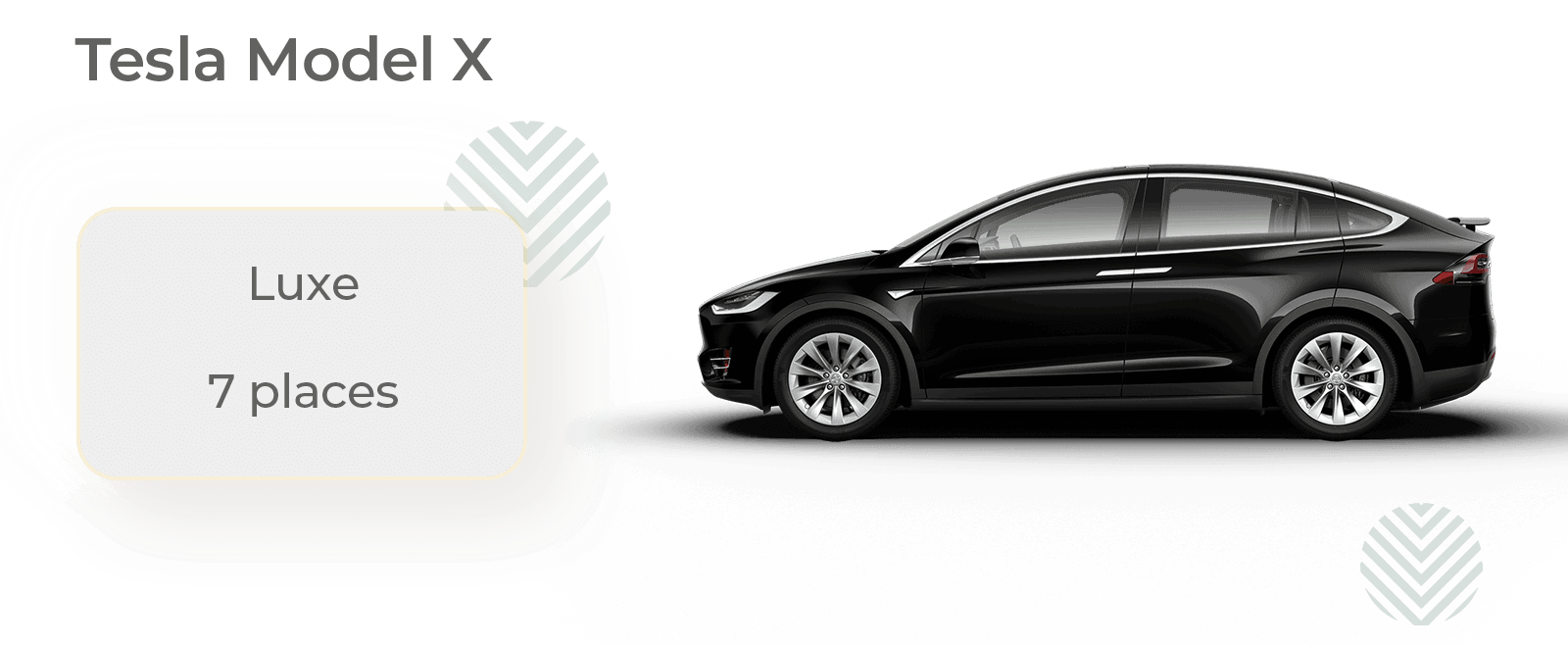 Rent a Tesla Model X with driver for car service and business trips. Enjoy this luxurious SUV (equivalent to a Mercedes S Class or BMW 7 Series) for your private transfers or limo service at airports and train stations for any distance.